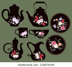 A romantic collection floral prints for enamelware and examples use  Easy editable vector illustration  Bouquets roses cup  mug  tray  plate  teapots  gravy boat 