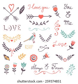 Romantic collection with flowers, wreaths and other graphic elements. Retro style floral wreaths. Vector illustration 