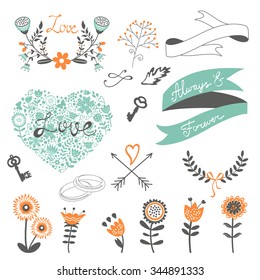 Romantic collection with flowers, wreaths and other graphic elements. Retro style floral wreaths. Vector illustration
