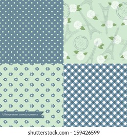 Romantic collection of four seamless pattern background in mint green and blue colors.