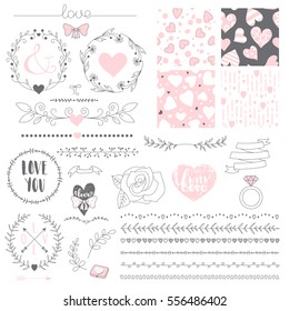 Romantic collection with hand drawn elements. Brushes, frames, seamless patterns and other elements for design. Vector illustration.