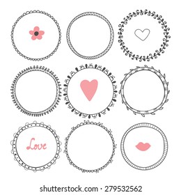 Romantic Collection With Hand Drawn Round Frames. Vector Illustration