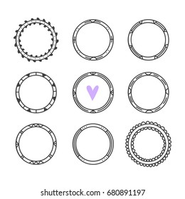 Romantic collection with hand drawn round frames. Cute circle wreaths. Vintage design elements. Vector illustration