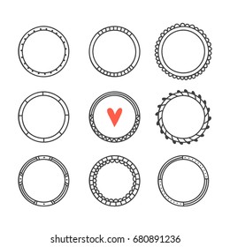 Romantic collection with hand drawn round frames. Cute circle wreaths. Design elements. Vector illustration