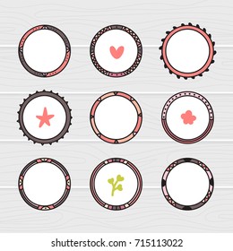 Romantic collection with hand drawn round frames. Decorative elements. Doodle ethnic design elements. Vector illustration