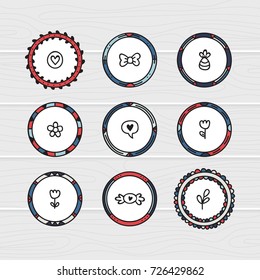 Romantic collection with hand drawn round frames. Doodle ethnic design elements. Decorative elements