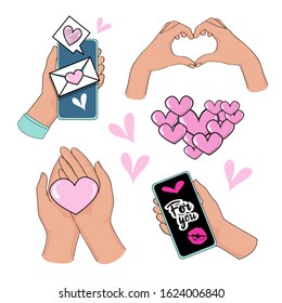 Romantic collection hand holds smartphone with a message with a heart, hand holds heart on a white background for Valentine's Day