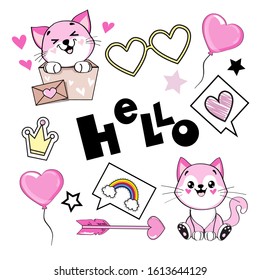 Romantic collection with Pink cats sits in a box for gifts, inscription hello and girl items on a white background