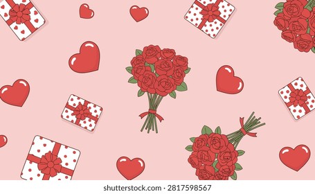 Romantic collection of red rose bouquets and heart-shaped gift boxes scattered on a soft pastel pink backdrop for Valentine.