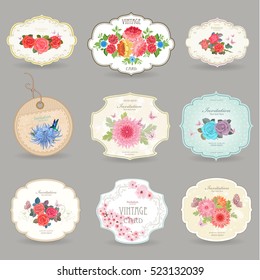 romantic collection retro label with graceful bouquets of lovely flowers for your design