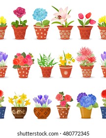 romantic collection seamless borders with lovely flowers planted art pots for your design. daffodils, roses, tulips, lily of the valley, crocus, chrysanthemums, hortensia, lily. 