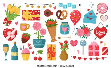 Romantic collection with Valentine's Day elements. Modern design for  greeting card, poster, postcard, print. Vector illustration isolated on white background.