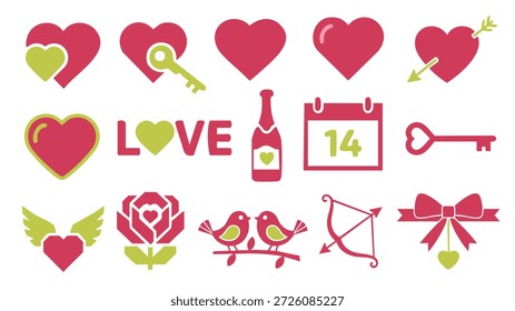colección romántica para el día de San Valentín con corazones, pájaros, rosas y símbolos de amor