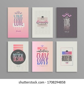 Romantic collection of vector templates for Valentine’s Day greeting card. Modern logo. Can be used as book cover, flyer, brochure, banner, template, web, print etc.