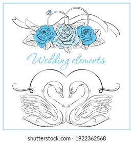 Romantic collection of vector wedding design elements. Cute wedding vector set. Wedding invitation decorated with roses, swans and rings