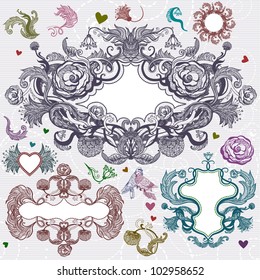 Romantic collection of vintage design elements, floral frames.Flower ornament for wedding invitation. Old style, vector collection.