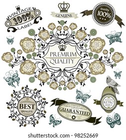 Romantic collection of vintage design elements, floral frames. Guarantee and Premium Quality Labels