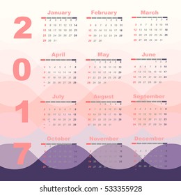 Romantic color 2017 calendar template, stock vector