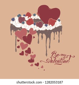 Romantic color card with holiday cake on yellow and brush lettering saing Be my Valentine. Great for posters, greeting cards.