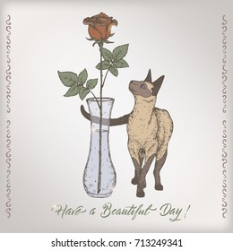 Romantic color vintage birthday card template with calligraphy, cat and and rose in vase. Great for holiday design.