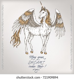 Romantic color vintage birthday card template with calligraphy and winged unicorn sketch. Great for holiday design.