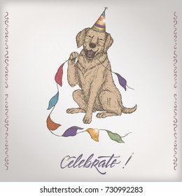 Romantic color vintage birthday card template with calligraphy, dog and party flags hand drawn sketch. Great for holiday design.