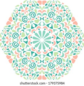Romantic colored mandala, decorative element. Mosaic kaleidoscopic ornament of hearts and other symbols. Pastel colors, green and pink