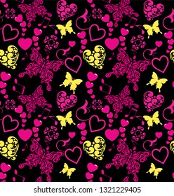 Romantic colorful background, seamless pattern with hearts, butterflies wallpaper texture background image, vector illustration