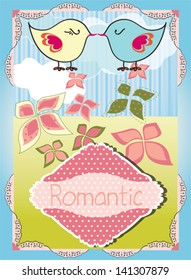 Romantic colorful floral background with little birds