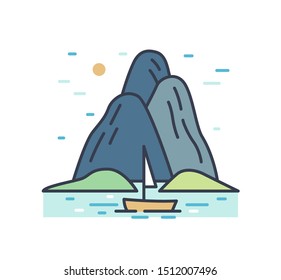 Romantic colorful scenery with boat trip in the sea near the mountains or hills. Picturesque outline summer marine landscape. Simple vector line art illustration isolated on white background.
