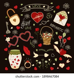 Romantic colorful stickers of hearts and flowers. Symbols of love and happiness. Vector illustration in the style of a doodle on a black background. Design for wedding decor, Valentine's Day.