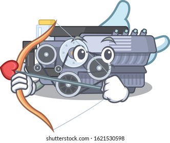 Romantic combustion engine Cupid cartoon character with arrow and wings