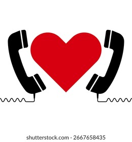 Romantisches Kommunikationskonzept mit rotem Herzen und Retro-Telefonhörern, Vektorgrafik. Zwei schwarze Retro-Telefonhörer, die einander gegenüberliegen, mit einem kräftigen roten Herz dazwischen.