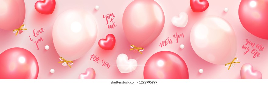 Romantic composition with balloons and romantic inscriptions. Vector illustration for website ,cards, posters,ads, coupons, promotional material