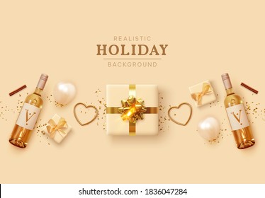 Romantic composition. Beige romantic realistic decorative objects 3d render for design. Gift box, helium balloons, bottle of alcoholic wine, golden metal heart. Flat top view. Vector illustration