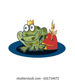 Romantic composition. Frog princess, heart and magic arrow vector illustration