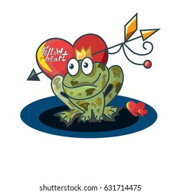 Romantic composition. Frog princess, heart and magic arrow vector illustration
