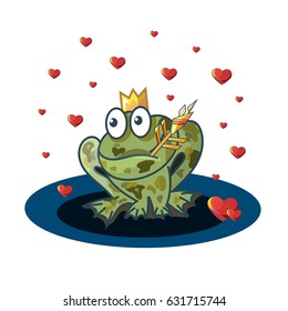 Romantic composition. Frog princess, heart and magic arrow vector illustration