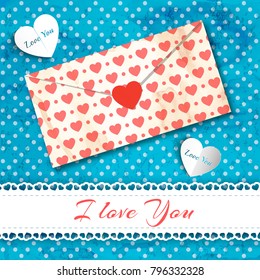 Romantic composition with letter from paper and pattern in form of heart vector illustration