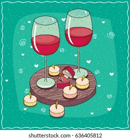 Romantic composition on wooden board, large glasses of red wine and engagement ring in box in the shape of heart. Near the candles. Hand drawn comic style. Vector illustration