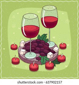 Romantic composition on wooden board, large glasses of red wine with bunch of black grapes and pieces of cheese. Near red candles. Hand drawn comic style. Vector illustration