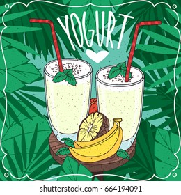 Romantic composition with two glasses yogurt with fresh pieces of different tropical fruits on wooden table. Realistic hand draw style. Lettering Yogurt. Vector illustration
