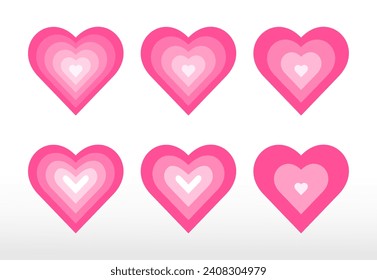 Romantic concentric hearts set. Vector tunnel romantic hearts in pink colors