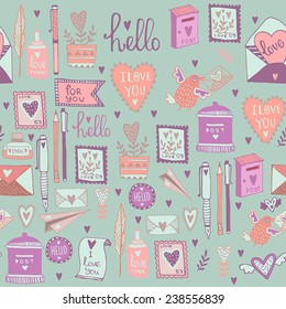 Romantic concept background. Love cute cartoon vector illustration. Seamless pattern.