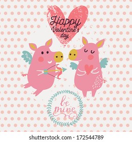 Romantic concept background in pink colors. Funny cartoon piglets on romantic Valentines day card in vector