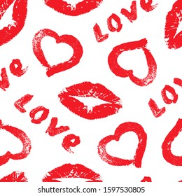 Romantic concept. Brush stroke seamless pattern. Written red lipstick. Hand drawn lettering, heart, lips prints. Design with symbols love grunge style for wedding invitation, cosmetics, gift wrapper