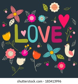 Romantic concept card with hearts, flowers and cartoon bird. Stylish floral background made of bright elements in vector.  