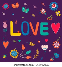 Romantic concept card with hearts and flowers. Stylish floral background made of bright elements in vector. 