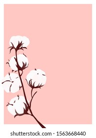 Romantic concept with cotton branch on pink background.  Printable poster template. Shop card. Vector Illustration