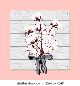 Romantic concept with cotton branch on pink background on wood table. Printable poster. Decoration concept for design room. Vector Illustration